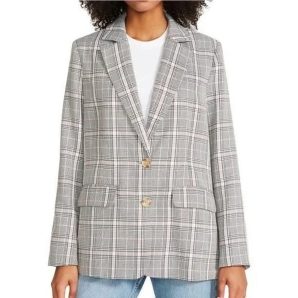 STEVE MADDEN Women's Medium‎ Gray Plaid Oversized Boyfriend Blazer Classic